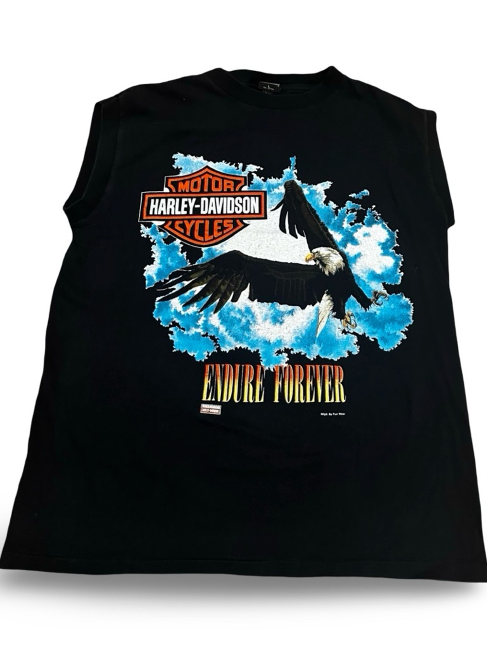 Harley-Davidson Black Tee with Blue and Orange Eagle Graphic | Size Large